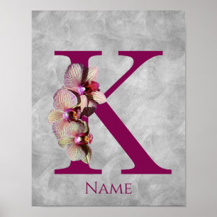 Poster Monograma Inicial K Elegante de Orquídea Personali