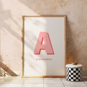 Poster Monograma Inicial Personalizado Moderno Retro Rosa