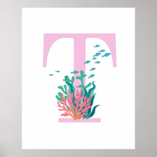 Poster Monograma Inicial T Monograma Rosa Azul-Marinho Oc