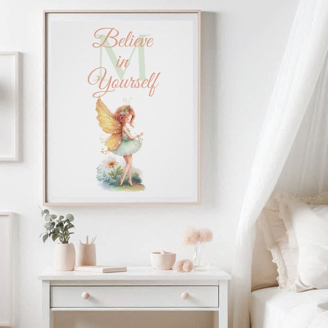 Póster Monograma Inspirado da Princesa Leiteira (enchanted garden fairy princess nursery kids decor poster personalized monogram inspirational pink)