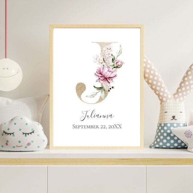 Poster Monograma J Cor-de-rosa - Letra Dourada Floral  Nu (Gold Monogram Letter J, Pink Floral Watercolor Nursery Wall Art)