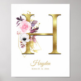 Poster Monograma - Letra H Gold Foil & Pink Floral Nurser