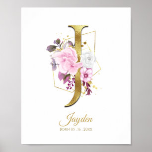 Poster Monograma - Letra J Gold Foil & Pink Floral Nurser