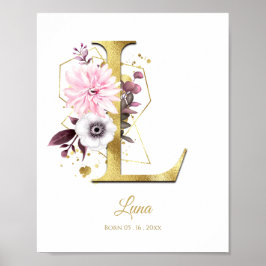 Poster Monograma - Letra L Gold Foil & Pink Floral Nurser