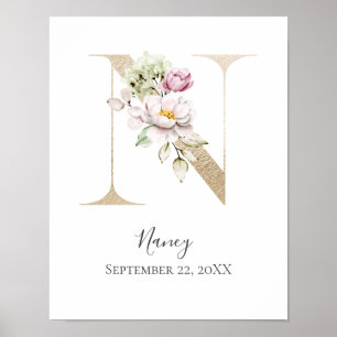 Poster Monograma N Rosa Branco Floral Letra Dourada Berçá