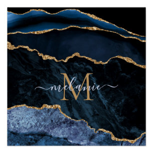 Póster Monograma Nome Agate Marinho Azul Gemstone Marble 