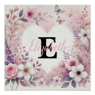 Póster Monograma nome floral corações romântico aquarela