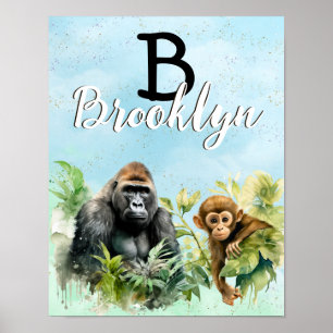 Poster Monograma Personalizado da Selva de Gorilla Chimpa