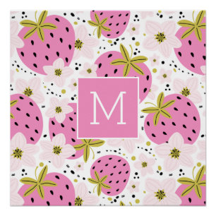 Póster Monograma Personalizado de Morangos Rosa