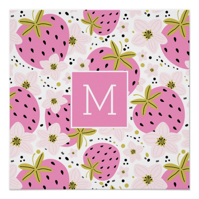Póster Monograma Personalizado de Morangos Rosa (Frente)