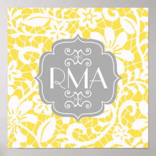 Poster Monograma personalizado do vintage laço amarelo