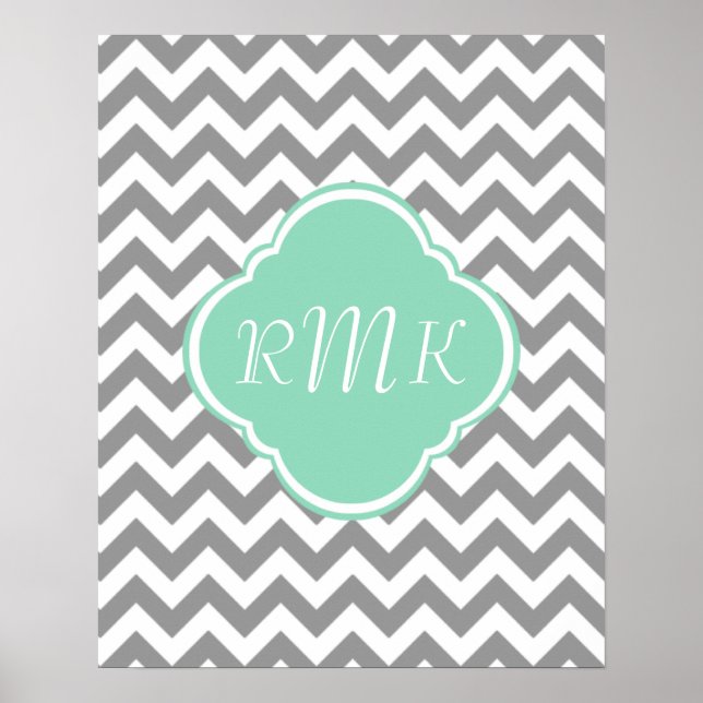 Póster Monograma Personalizado do Zigzag cinza e Branco (Frente)