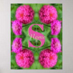 Poster Monograma Personalizado Inicial Nome Zínias Rosa