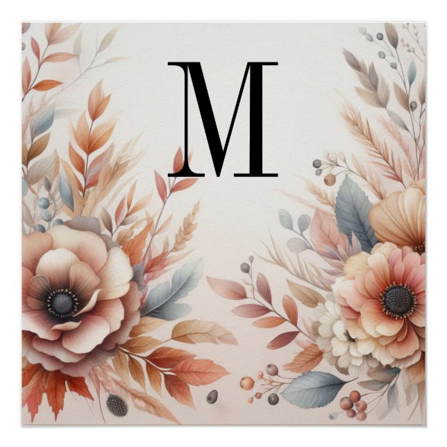 Póster Monograma Queda Folhas e flores aquarela (Frente)