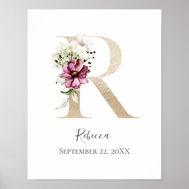 Poster Monograma R Rosa Floral Branco Letra Dourada Berçá (Frente)