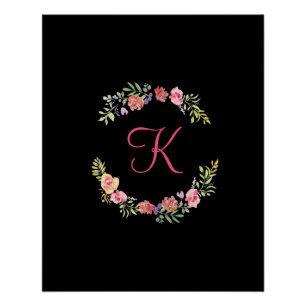 Póster Monograma Rosa, Amarelo e Verde Floral Aquarela