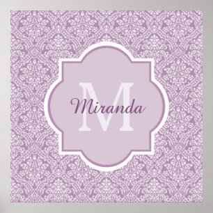 Póster Monograma roxo do damasco da lavanda chique com