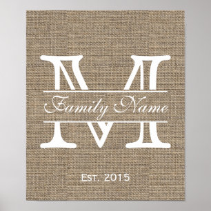 Póster Monograma Rustic Burlap Family Name