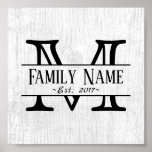 Poster Monograma - Rustic White Wood Family Name<br><div class="desc">Posters de Nome da Família de Madeira Branca Rústica Monograma.</div>