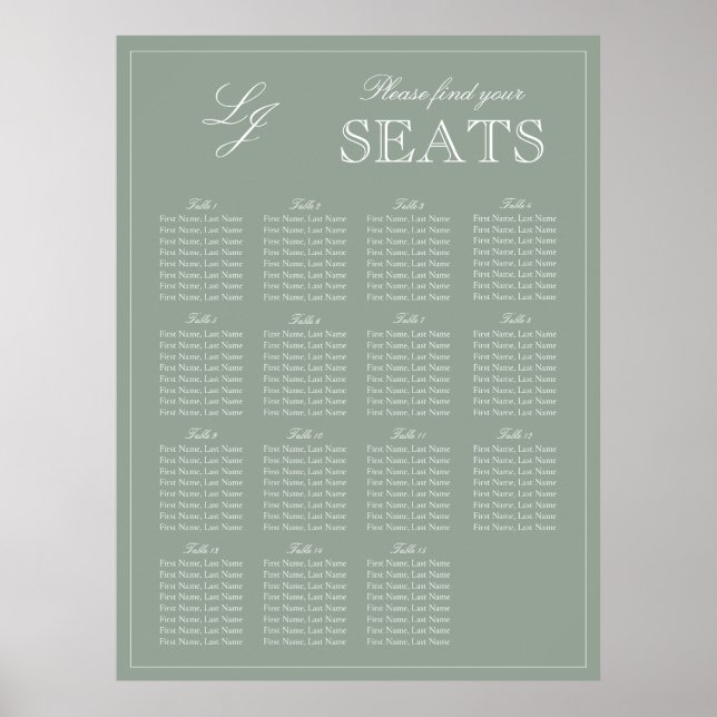 Poster Monograma Script Sage Green Modern Wedn Seat (Frente)