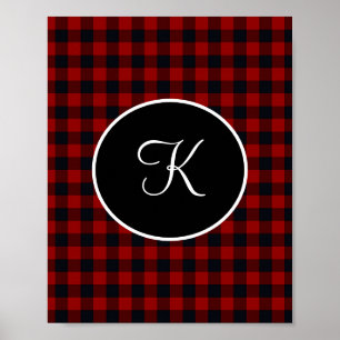 Poster Monograma Vermelho e Preto Xadrez de Búfalo Falso