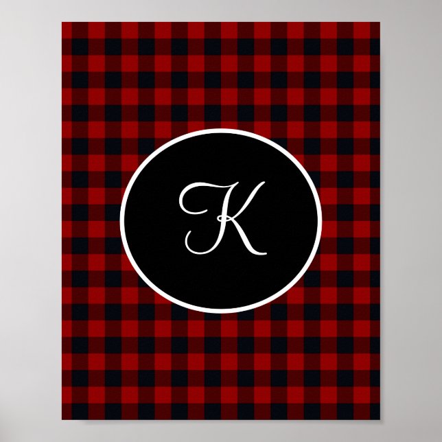 Poster Monograma Vermelho e Preto Xadrez de Búfalo Falso  (Frente)