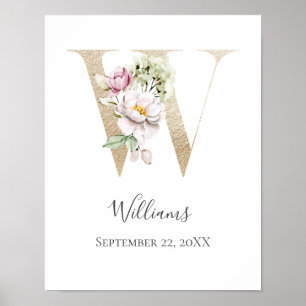Poster Monograma W Rosa Floral Branco Letra Dourada Berçá