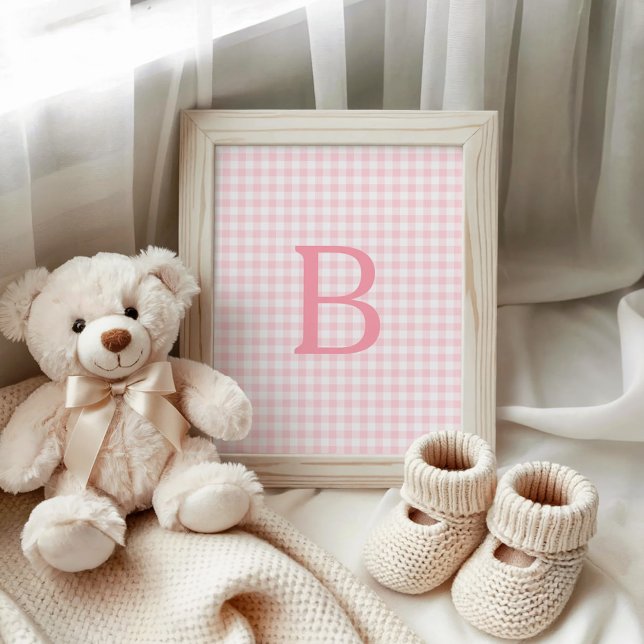Poster Monograma Xadrez Rosa Pastel e Branco (Pastel Pink and White Gingham Monogram Poster)