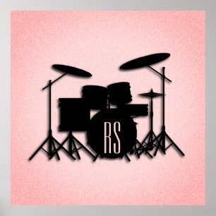 Poster Monogramo Drum Set Music Design Pink 