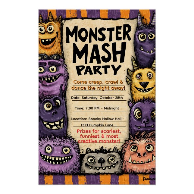 Póster "Monster Mash Party" com monstros bonitos (Frente)