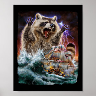 Poster Monster Raccoon Como Kraken Ataca Um Navio De Guer