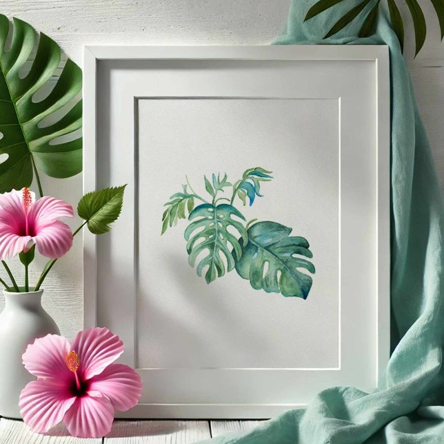 Poster Monstera Palm Leaf Verdes Tropicais (Watercolor art monstera palm leaves by Victoria Grigaliunas of Do Tell A Belle)