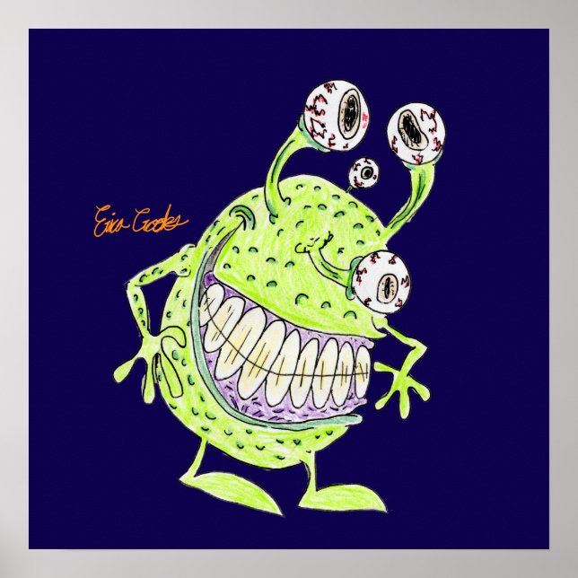 Poster monstro alienígena verde de 4 olhos (Frente)