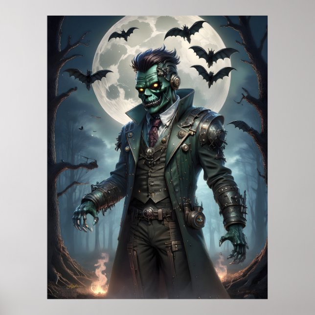 Poster Monstro de Frankenstein Steampunk do Halloween (Frente)