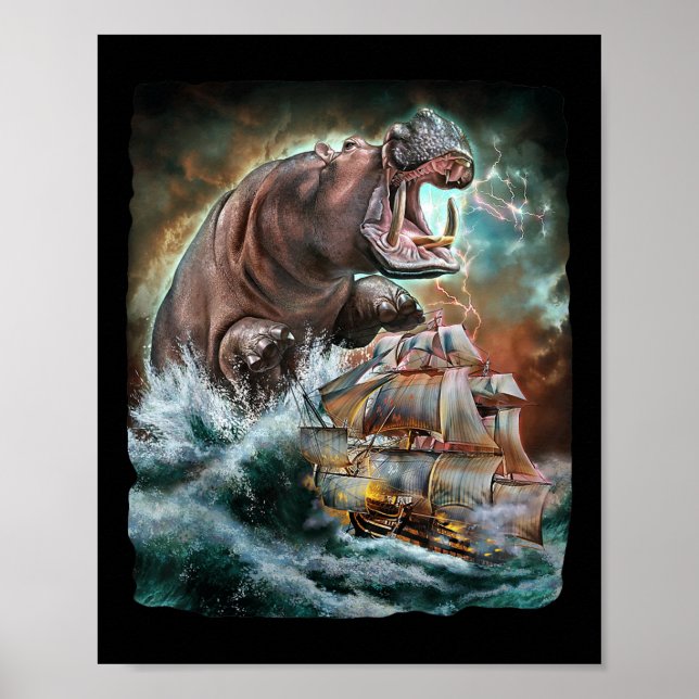 Poster Monstro Hippo Como Kraken Ataca Um Navio De Guerra (Frente)