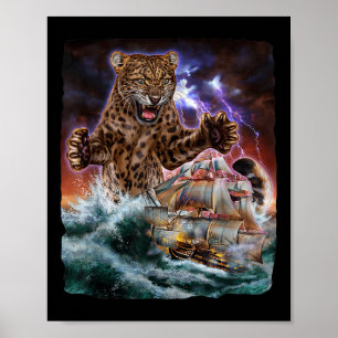 Poster Monstro Jaguar Cat Como Kraken Ataca Um Navio De G