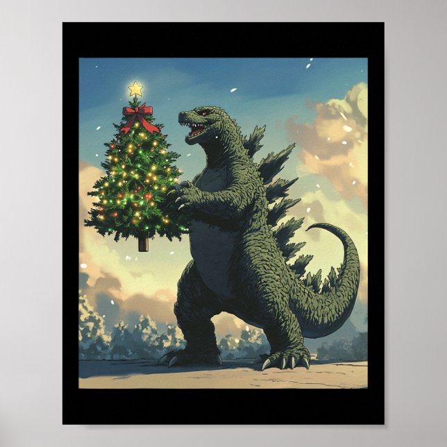 Poster Monstro Japonês Kaiju Carregando Árvore de Natal  (Frente)