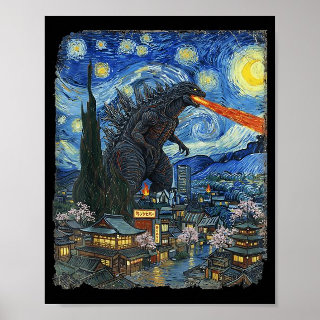 Poster Monstro Kaiju Japonês Vangogh noiteestrelada Vinta (Frente)