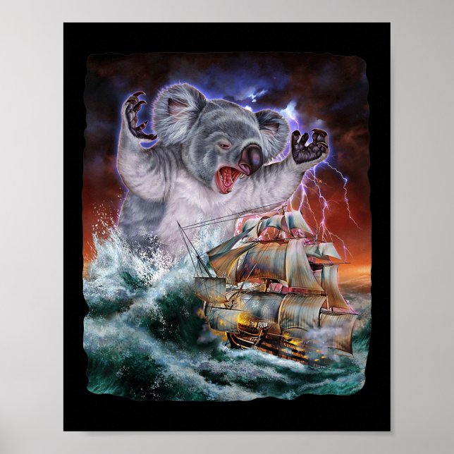 Poster Monstro Koala Como Kraken Ataca Um Navio De Guerra (Frente)