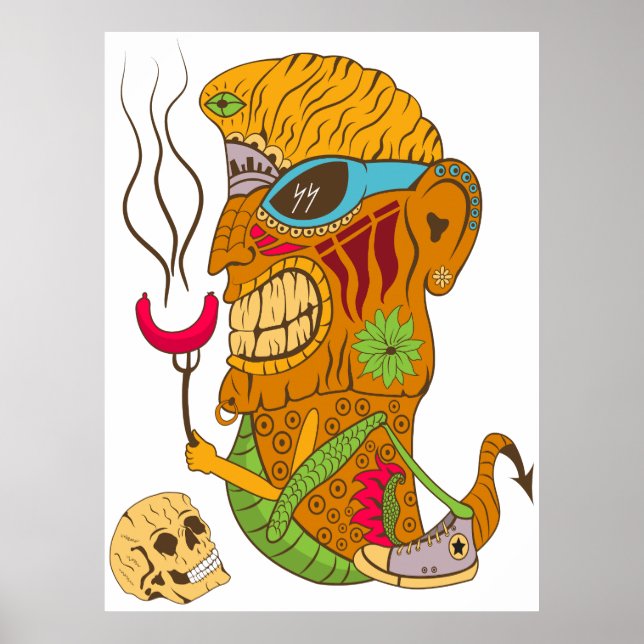 Poster Monstro Tiki de Churrasco com Salsicha e Crânio Hu (Frente)