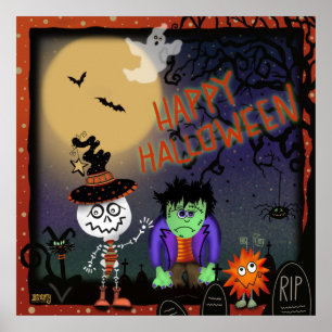 Poster Monstros de Gato de Esqueleto Feliz das Halloween