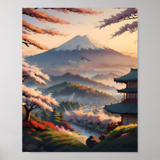 Poster Montanha ao Nascer do Sol Uma Paisagem Japonesa Se