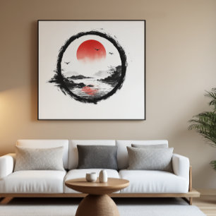Póster Montanha Arte Sol Vermelho - Equilíbrio Zen