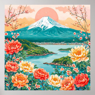 Poster 🌳 Montanha com Neve no Topo Lago Sereno Flor