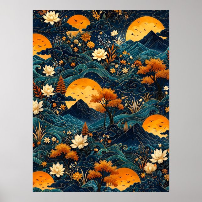 Poster Montanha da Lua Dourada Flor de Lótus do Céu Notur (Frente)