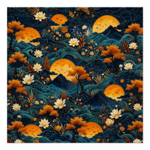 Póster Montanha da Lua Dourada Flor de Lótus do Céu Notur