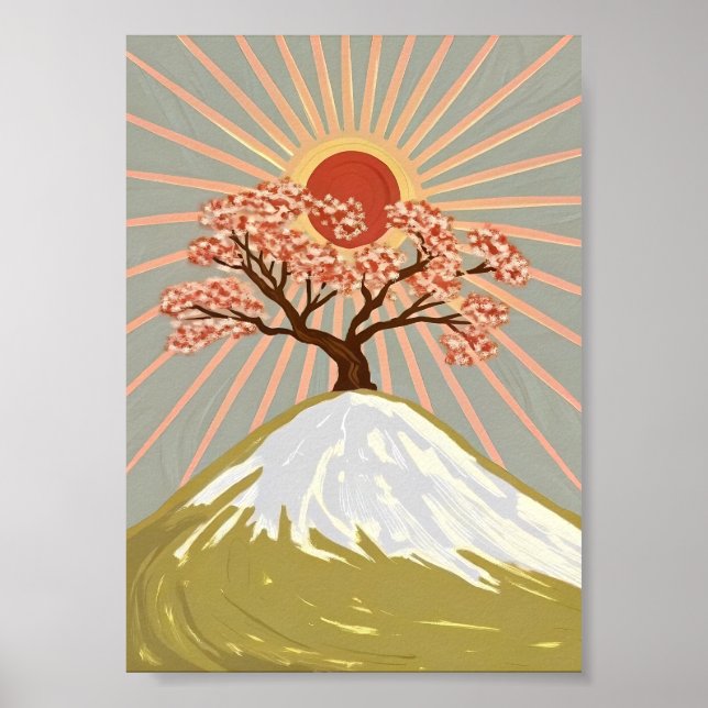 Poster Montanha do Nascer do Sol com Árvore de Cerejeira  (Frente)