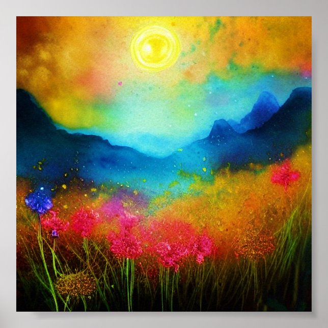 Poster Montanha em aquarela e flores silvestres (Frente)