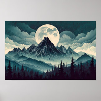 Poster Montanha Escura com Lua Grande