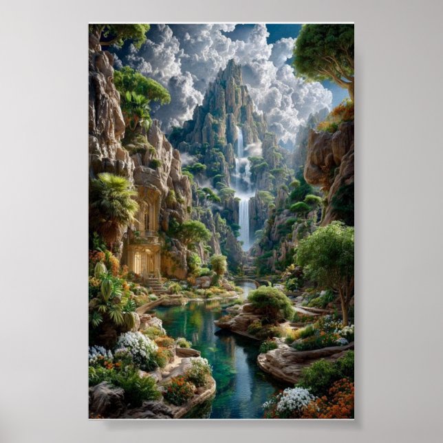 Poster Montanha Fantasia com Cachoeira em Degraus – Caste (Frente)